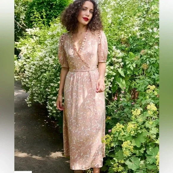 Atelier Rêve Floral Faux Wrap Puff Sleeve Midi Dress Small - Picture 12 of 14